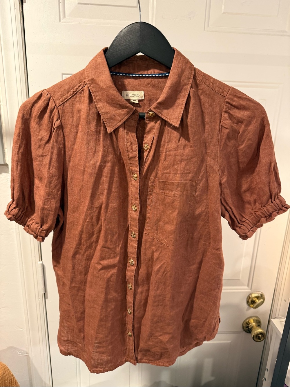 NWOT Anthropologie Pilcro Rust-Orange Puff Sleeve Button-Down Shirt